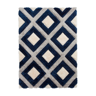 Grey Navy Shaggy Rug, Geometric Rug with 40mm Thickness, Modern Luxurious Rug for Bedroom, & Dining Room-160cm X 220cm