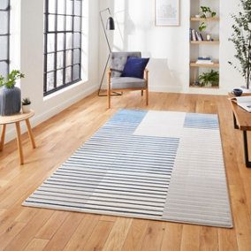 Grey Navy Striped Modern Easy to clean Rug for Dining Room-120cm X 170cm