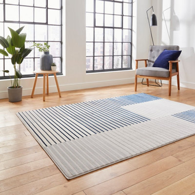 Grey Navy Striped Modern Easy to clean Rug for Dining Room-160cm X 220cm