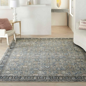 Grey/Navy Traditional Luxurious Easy to Clean Bordered Floral Dining Room Bedroom and Living Room Rug -160cm X 221cm