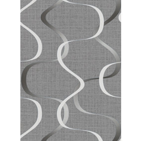 Grey,  non-woven wallpaper with creative metallic swirls