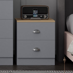 Grey Oak 2 Drawer Bedside Table