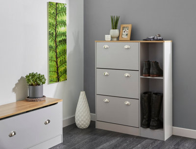 Grey & Oak-effect Shoe Storage Cabinet with  Dropdown Drawers and Open Shelves