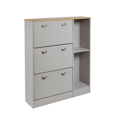 Grey & Oak-effect Shoe Storage Cabinet with  Dropdown Drawers and Open Shelves