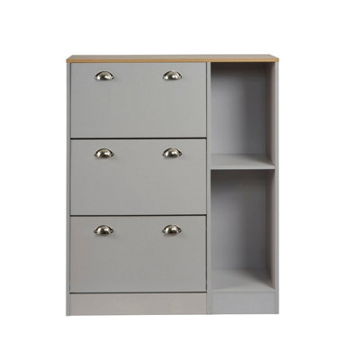 Grey & Oak-effect Shoe Storage Cabinet with  Dropdown Drawers and Open Shelves - 3