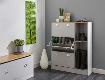 Grey & Oak-effect Shoe Storage Cabinet with  Dropdown Drawers and Open Shelves - 4