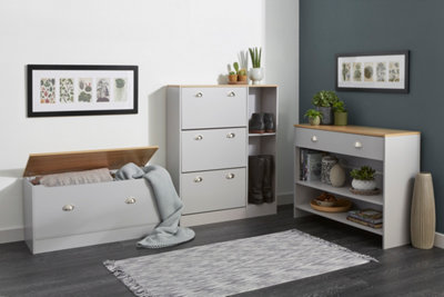 Grey & Oak-effect Shoe Storage Cabinet with  Dropdown Drawers and Open Shelves - 7