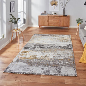 Grey Ochre Abstract Modern Easy To Clean Rug For DiningRoom Bedroom and Living Room -120cm X 170cm