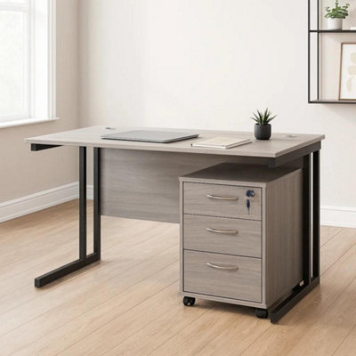 Grey Office Desk with Matching Drawer Unit Modern Wooden Furniture Set