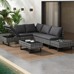 Grey Outdoor Garden Rattan Corner Sofa Set with Recliner Seat and Side Table Coffee Table