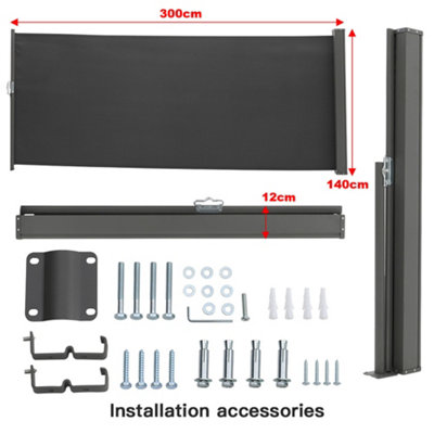 Grey Outdoor Patio Canopy Retractable Privacy Side Awning Balcony Sunshade Blind 300cm x 140 cm