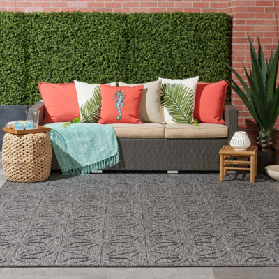 Grey Outdoor Rug, Abstract Optical/ (3D) Stain-Resistant Rug For Patio ...