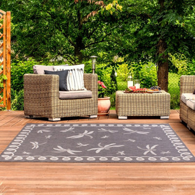 Grey Outdoor Rug, Animal Bordered Stain-Resistant Rug For Patio Decks Garden Balcony, Modern Outdoor Area Rug-120cm X 170cm