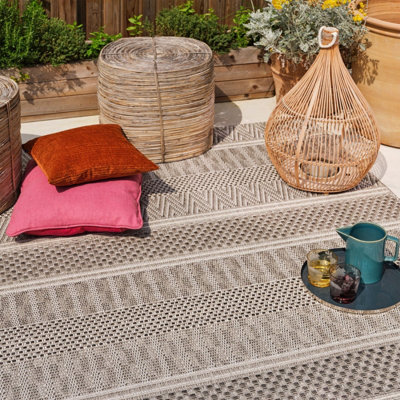 Grey Outdoor Rug, Geometric Striped Stain-Resistant Rug For Patio Decks, 2mm Modern Outdoor Area Rug-160cm X 230cm