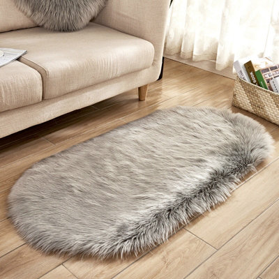 Grey Oval Super Soft Shaggy Longhair Area Rug Kids Room Decor Chair Sofa Cover Seat Pad 60 x 120 cm