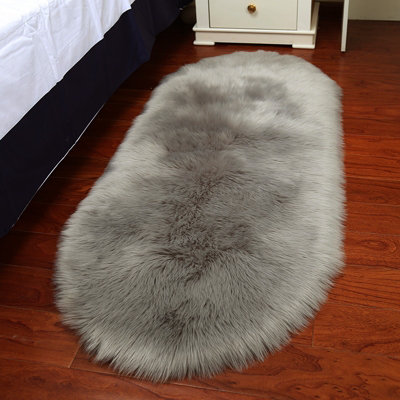 Grey Oval Super Soft Shaggy Longhair Area Rug Kids Room Decor Chair Sofa Cover Seat Pad 60 x 90 cm