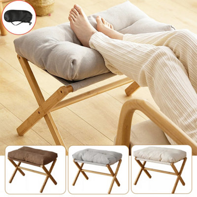 Grey Padded Foldable Bamboo Footstool - Compact Rest Seat & Pouffe ...