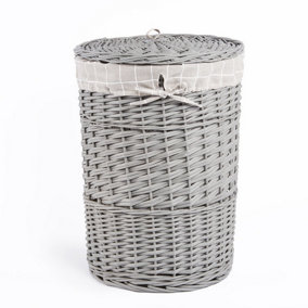 Grey Painted Round Laundry Wicker Basket With Liner With Lid-Large