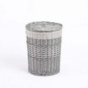 Grey Painted Round Laundry Wicker Basket With Liner With Lid-Small
