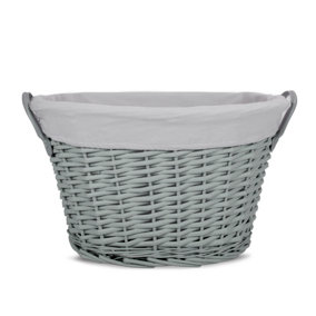 Grey Painted Wicker Laundry Hamper with Faux Leather Handles