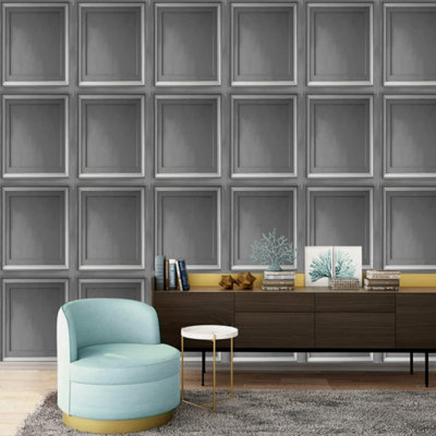 Grey Panel Effect Wallpaper Silver Textured Realistic 3D Wood Panelling Vinyl Feature Wall