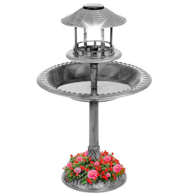 Grey Pedestal Bird Bath Feeder Planter Solar Light Garden Feeding Table Station