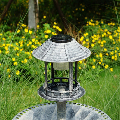 Grey Pedestal Bird Bath Feeder Planter Solar Light Garden Feeding Table Station - 7