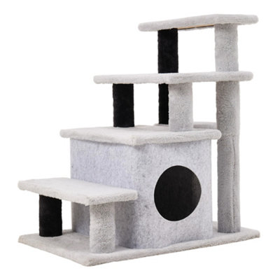 Grey Pet Stairs Cat Tree with 4-step Climb Ladder, 40cm W x 60cm D x 66cm H