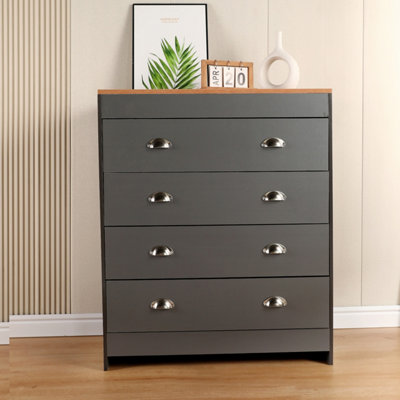 Grey & Pine Chest Of 4 Drawers Wooden Oak Storage Organiser