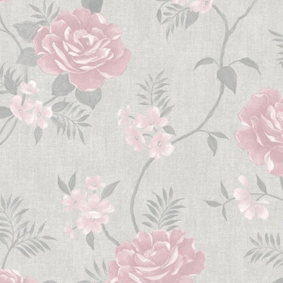 Grey Pink Floral Wallpaper Linen Shimmer Effect Textured Feature Wall Lounge
