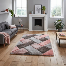 Grey Pink Modern Shaggy Easy to Clean Geometric Rug For Dining Room-160cm X 220cm