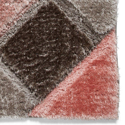 Grey Pink Modern Shaggy Easy to Clean Geometric Rug For Dining Room-160cm X 220cm