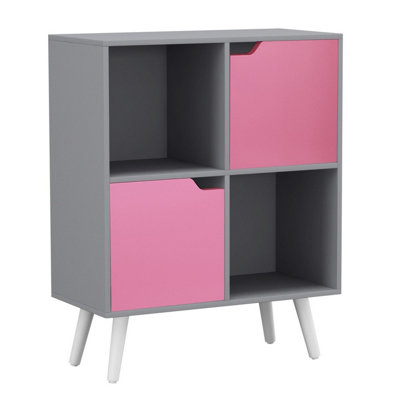 Grey, Pink, White - 4-Cube Storage Unit with 2 Wooden Doors and Legs