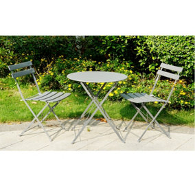 Grey Plain 3 Piece Metal Garden Outdoor Folding Chairs Table Bistro Furniture Set