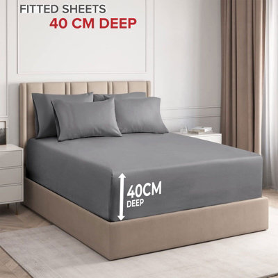 Grey Plain Fitted Sheet Soft Anti Allergy Single Super King Size 40cm Extra Deep Bed Sheets