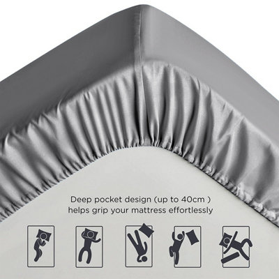 Grey Plain Fitted Sheet Soft Anti Allergy Single Super King Size 40cm Extra Deep Bed Sheets
