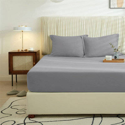 Grey Plain Fitted Sheet Soft Anti Allergy Single Super King Size 40cm Extra Deep Bed Sheets