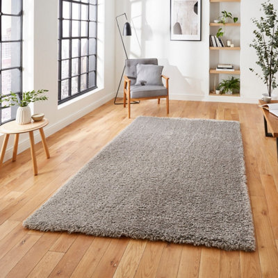 Grey Plain Modern Shaggy Easy To Clean Rug For Dining Room-120cm X 170cm