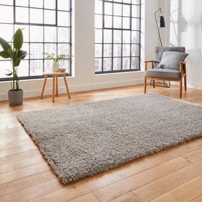 Grey Plain Modern Shaggy Easy To Clean Rug For Dining Room-120cm X 170cm