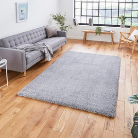 Grey Plain Shaggy Modern Plain Easy to Clean Soft Rug For Dining Room -80cm X 150cm