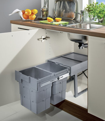 Grey Plastic Pull Out Waste Bin for Hinged Door 2 x 16 Litre Capacity, Ideal for Sink