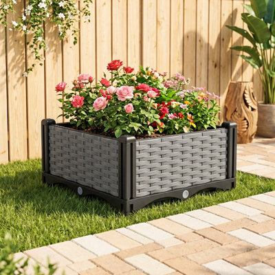 Grey Plastic Rattan Texture Raised Garden Bed Planter Box, 40cm W