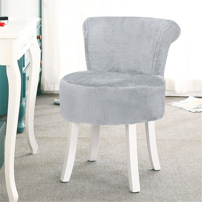 Grey Plush Dressing Table Stool with White Rubber Wood Leg