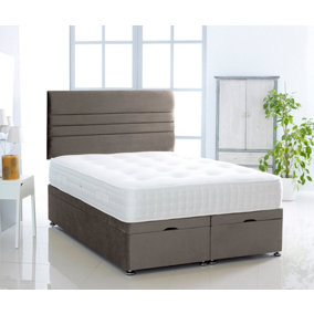 Grey Plush Foot Lift Ottoman Bed With Memory Spring Mattress And Horizontal Headboard 2FT6 Small Single