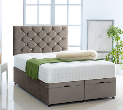 Grey Plush Foot Lift Ottoman Bed With Memory Spring Mattress And Studded Headboard 2FT6 Small Single