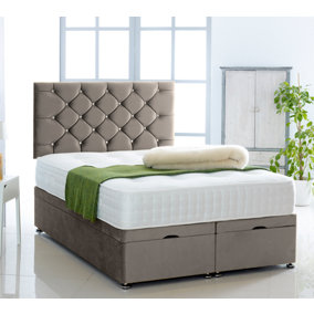 Grey Plush Foot Lift Ottoman Bed With Memory Spring Mattress And Studded Headboard 2FT6 Small Single