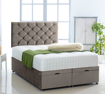 Grey Plush Foot Lift Ottoman Bed With Memory Spring Mattress And Studded Headboard 4.0FT Small Double