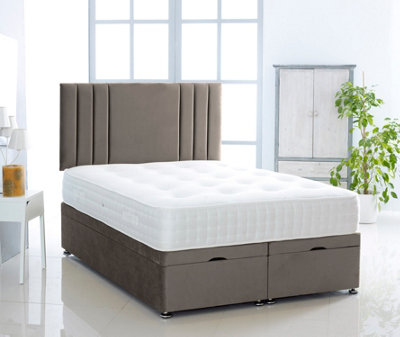 Grey Plush Foot Lift Ottoman Bed With Memory Spring Mattress And Vertical Headboard 4FT6 Double