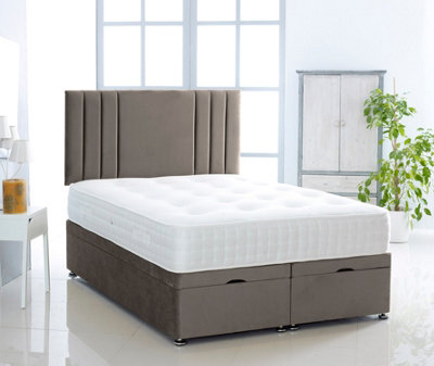Grey Plush Foot Lift Ottoman Bed With Memory Spring Mattress And Vertical Headboard 6.0 FT Super King