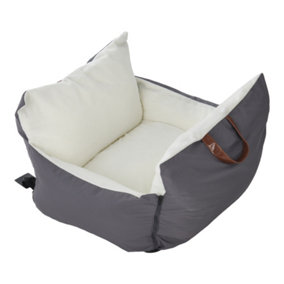 Grey Plush Pet Car Seat Bed with Handle and Adjustable Strap